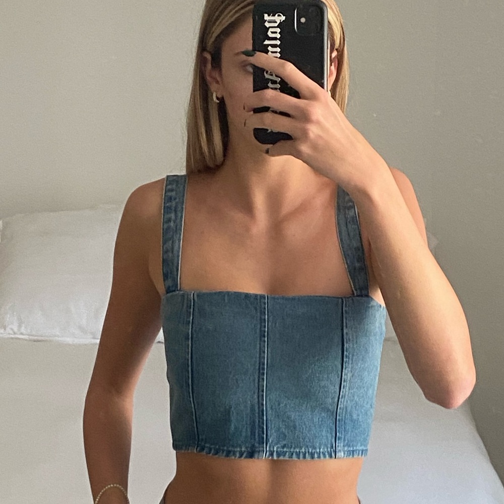 WeWoreWhat denim bustier in steel. Size small, never worn brand new.